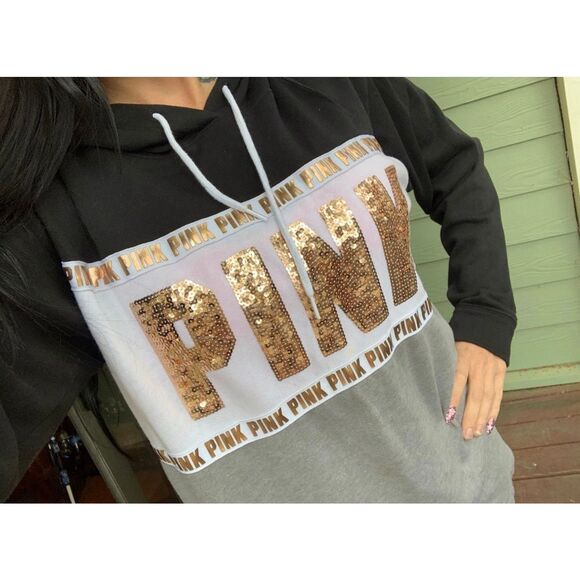 VS PINK Bling Hoodie Pullover -size Medium black gold bling sequin - Picture 4 of 7
